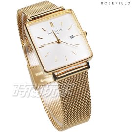 ROSEFIELD 歐風美學 時尚簡約 方形 不鏽鋼 米蘭帶 女錶 防水手錶 金x白 QWSG-Q03
