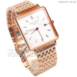 ROSEFIELD 歐風美學 時尚簡約 方形 不鏽鋼 女錶 防水手錶 玫瑰金x白 QWSR-Q18