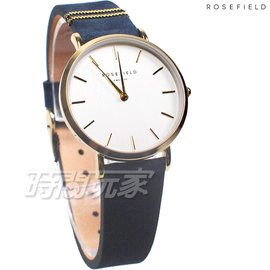 ROSEFIELD 歐風美學 時尚簡約 圓形 真皮 女錶 防水手錶 金x藍色 WBUG-W70