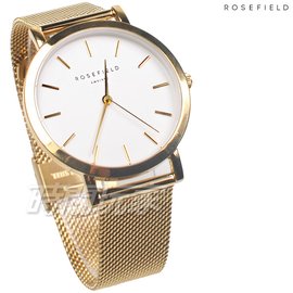 ROSEFIELD 歐風美學 時尚簡約 圓形 米蘭帶 不銹鋼 女錶 防水手錶 金x白 MWG-M41