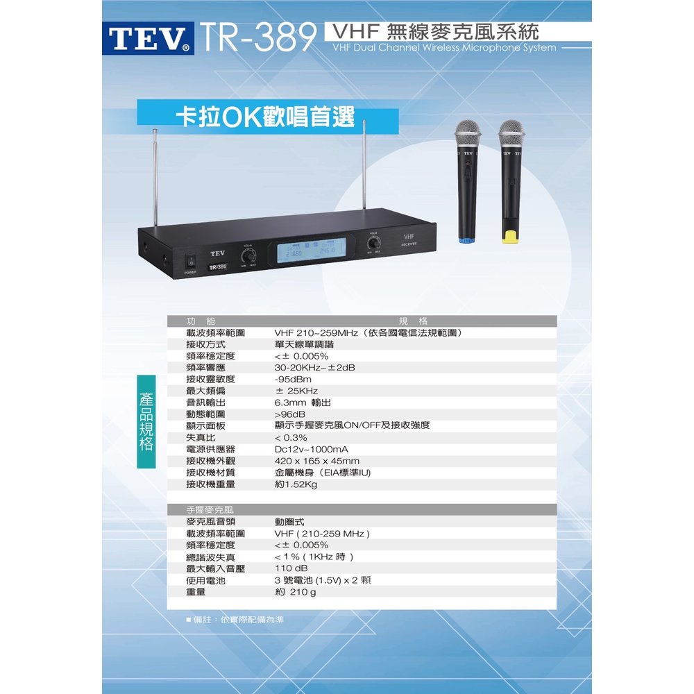 【昌明視聽】台灣電音 TEV TR-389 高頻無線麥克風 附二支無線麥克風 台灣製造 品質穩定 維修快速