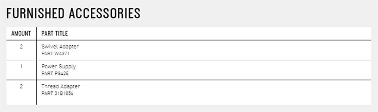 FURNISHED ACCESSORIESAMOUNT PART TITLE212Swivel AdapterPART WA371Power SupplyPART Thread AdapterPART 3181856