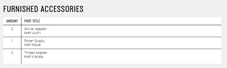 FURNISHED ACCESSORIESAMOUNT PART TITLE212Swivel AdapterPART WA371Power SupplyPART PS24EThread AdapterPART 3181856