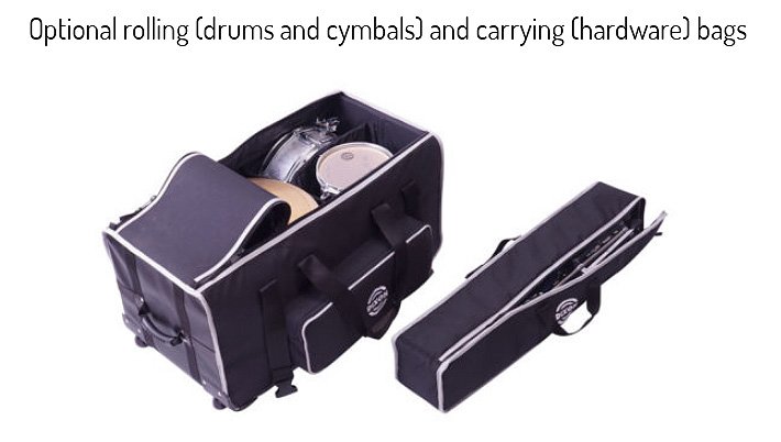 Optional rolling drums and cymbals and carrying hardware bags