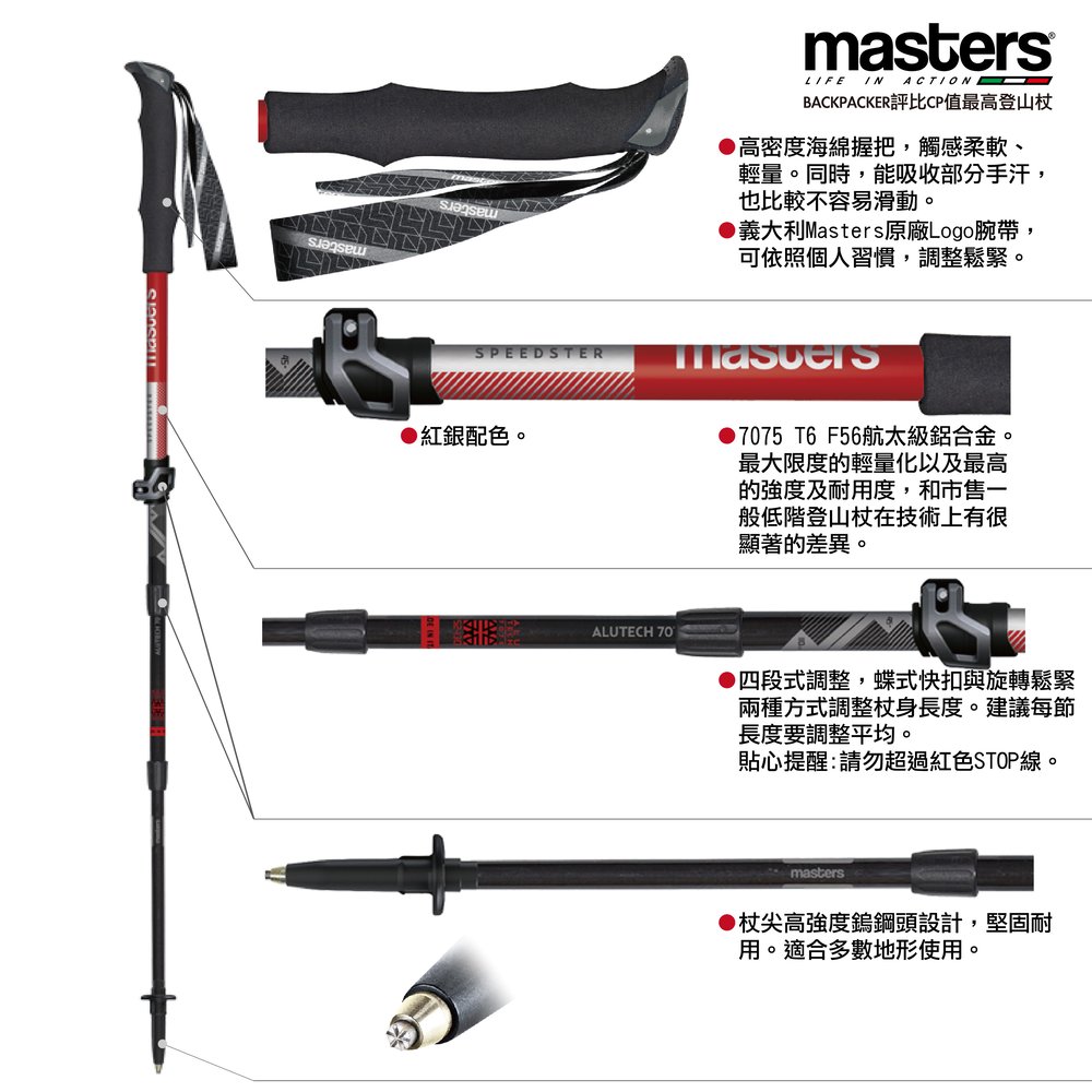 義大利Masters 登山杖/健行杖 MA01S2719 Speedster Alu 超短鋁合金(紅)