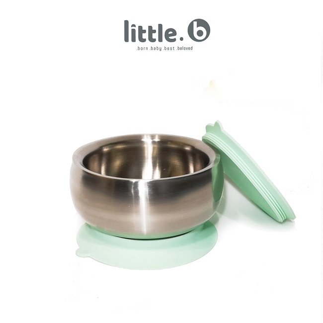 美國 little.b 雙層不鏽鋼吸盤碗 -小芽綠｜316不銹鋼餐具系列學習餐碗