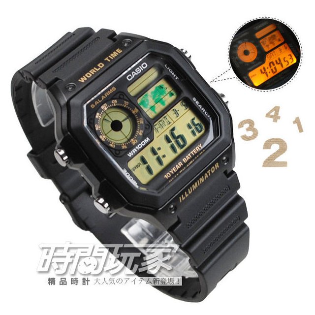 CASIO卡西歐 AE-1200WH-1BV 電子錶 方型 黑膠錶帶 復刻金 鬧鈴 碼錶 倒數計時 45mm AE-1200WH-1BVDF