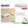 數位小兔【LINDY 林帝 主動式 USB3.1 TYPE-C TO DVI轉接器帶PD功能】雙面盲插 DVI 轉接器 43195