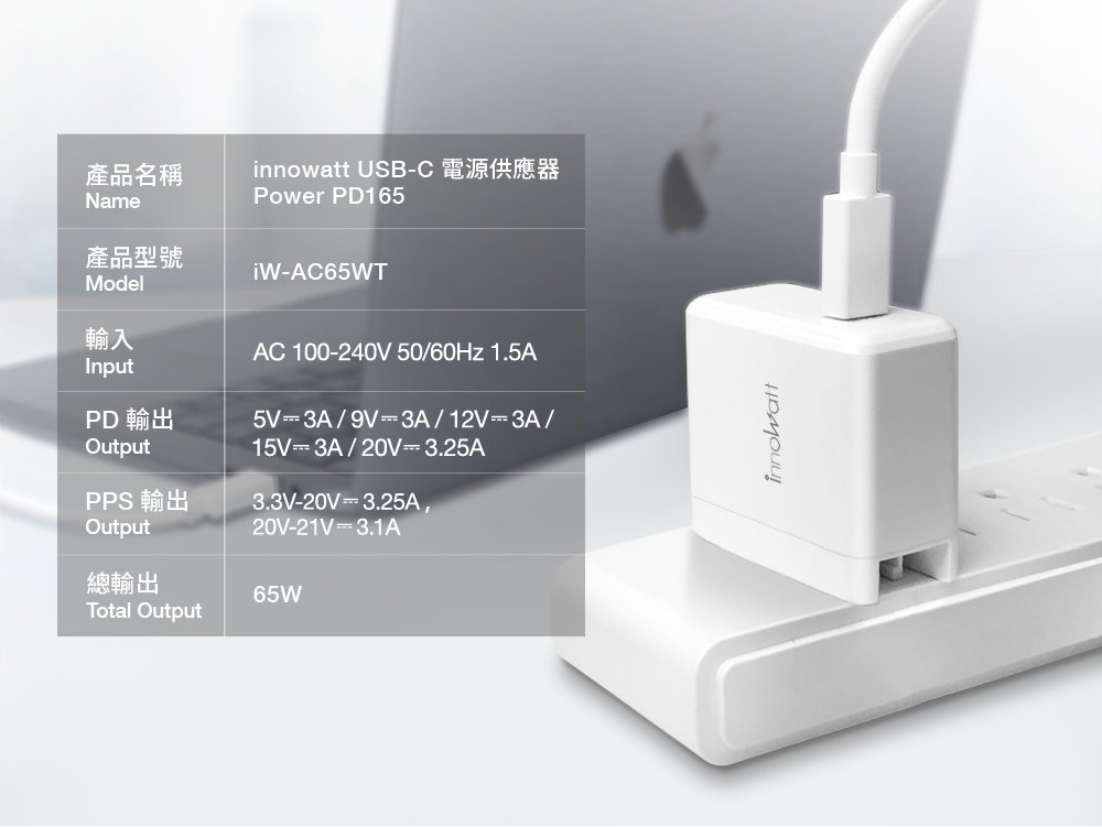 innowatt 65W GaN 氮化鎵 65W PD/QC 三孔快速充電器, 白