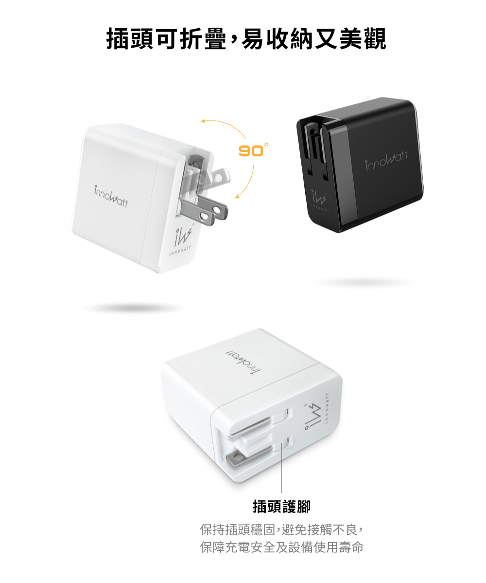 innowatt 65W GaN 氮化鎵 65W PD/QC 三孔快速充電器, 白