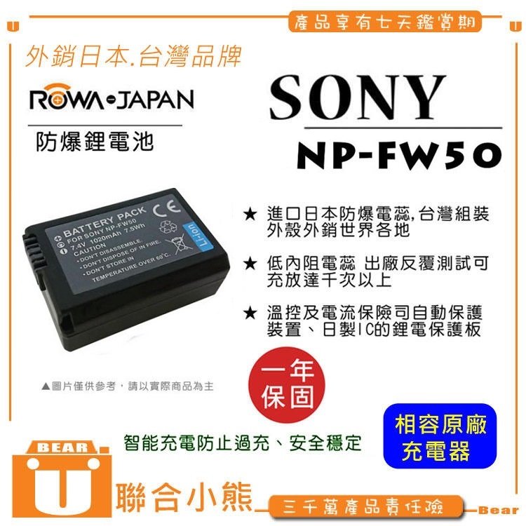 【聯合小熊】ROWA for[ SONY NP-FW50 FW50 電池] 破解版 可顯示電量 相容原廠 RX10 RX10M3 RX10M4 ZV-E10