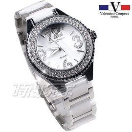 valentino coupeau 范倫鐵諾 古柏 日本機芯 大數字水晶鑽陶瓷女錶 夜光指針 白色 V12212-1