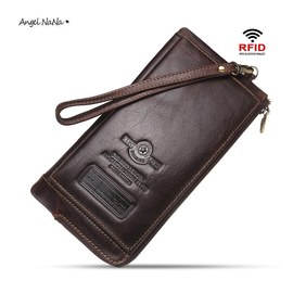 真皮長夾-超薄大容量防RFID男皮夾錢包手機包附手腕帶 Angelnana (SMA0294)