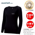 【速捷戶外】日本 mont-bell 1107655 Super Merino Wool M.W. 女美麗諾羊毛圓領內衣-中厚手(黑),登山,健行,montbell