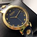 VERSUS VERSACE凡賽斯女錶,編號VV00006,36mm金色圓形精鋼錶殼,深藍色幾何紋路錶面,寶藍真皮皮革錶帶款