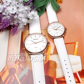 KEZZI珂紫 簡約時刻 浪漫唯美 流行腕錶 皮革錶帶 對錶 玫瑰金色 KE1687玫白大+KE1687玫白小