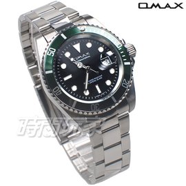OMAX 十足個性 時尚流行錶 水鬼錶 加強夜光 不銹鋼帶 男錶 防水手錶 OM4057綠框黑