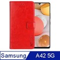 IN7 瘋馬紋 Samsung Galaxy A42 5G (6.6吋) 錢包式 磁扣側掀PU皮套 手機皮套保護殼-紅色