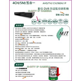 【N-CITY】台灣晶片EX2-984-TW 磅礡登場了AHD TVI 4路5百萬監控主機(4路警報)DVR