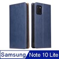 Fierre Shann 真皮紋 Samsung Note 10 Lite (6.7吋) 錢包支架款磁吸側掀手工PU皮套保護殼-藍色