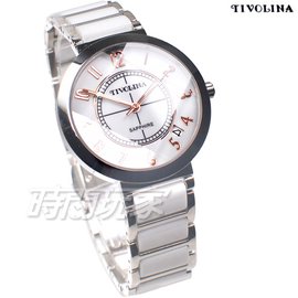 TIVOLINA 寶石切割鏡面 陶瓷錶 防水錶 藍寶石水晶鏡面 日期顯示窗 男錶 白色 MAW3762-G