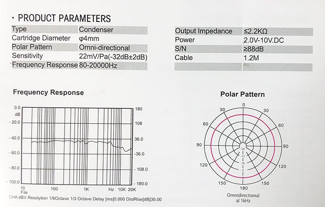 PRODUCT PARAMETERSTypeCartridge Diameter 4mmPolar PatternSensitivityCondenserOmnidirectional22mV/Pa(-322dB)Frequency Response 80-20000Frequency Response0.0dB- 20.0100.010100180Output ImpedancePowerS/NCable52.2ΚΩ2.0V-10V.DC1.2M1086036.090120180.0Hz 10K 20KCHA  Resolution 1/6Octave 1/3 Octave Delay ms0.000 DistRisedB30.00Polar Pattern3030150150180Omnidirectionalal 6090120