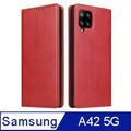 Fierre Shann 真皮紋 Samsung A42 5G (6.6吋) 錢包支架款 磁吸側掀 手工PU皮套保護殼-紅色