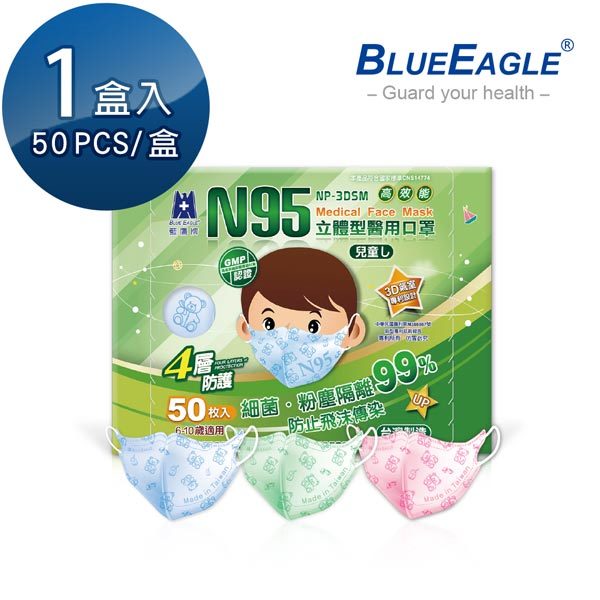 藍鷹牌 N95兒童3D立體型醫用口罩 6-10歲 (藍熊/綠熊/粉熊) 50片/盒 台灣製口罩 NP-3DSM