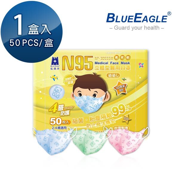 藍鷹牌 N95幼幼3D立體型醫用口罩 2-4歲 (藍熊/綠熊/粉熊) 50片/盒 台灣製口罩 NP-3DSSSM