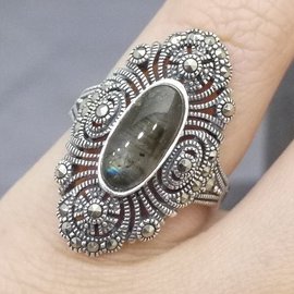 【La luna銀飾豐華】[#53、#55]古典細緻拉長石馬克賽石純銀戒指(R2132)