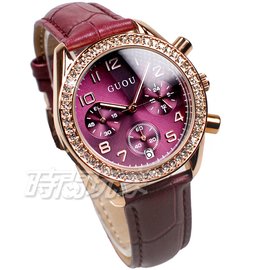 香港古歐 GUOU 閃耀時尚腕錶 三眼計時 日期顯示窗 真皮皮革錶帶 女錶 紫x玫瑰金 GU8103紫GU8103玫紫