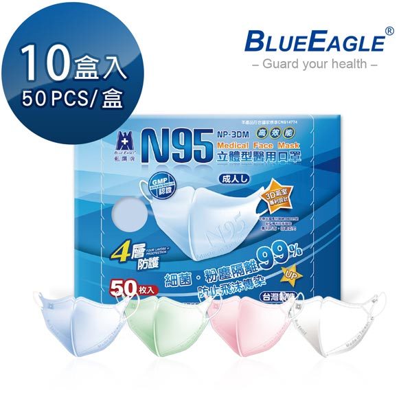 藍鷹牌 N95成人3D立體型醫用醫療口罩 (藍/綠/粉/白) 50片*10盒 台灣製口罩 NP-3DM*10