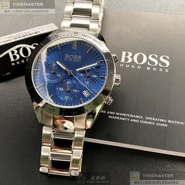 BOSS手錶,編號HB1513582,42mm銀圓形精鋼錶殼,寶藍色三眼, 運動錶面,金色精鋼錶帶款,找尋好久就是這款!