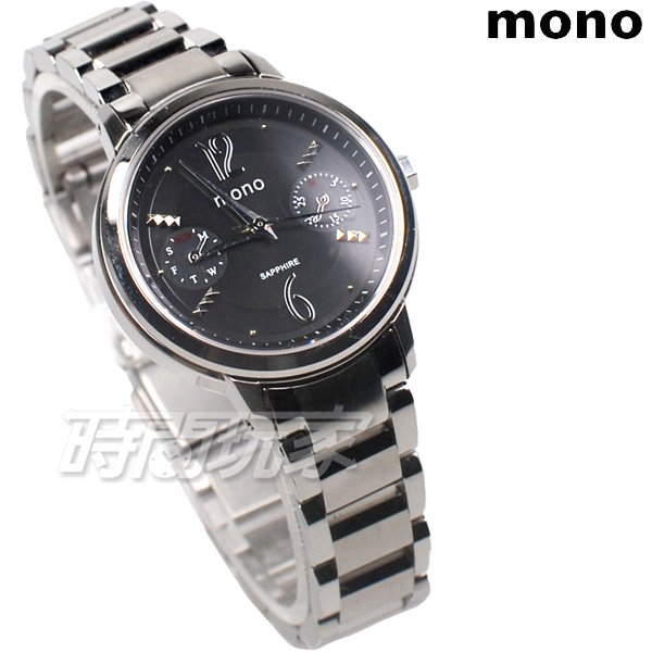 mono 雙環設計 數字時刻精美時尚腕錶 女錶 防水手錶 日期 星期 視窗 不銹鋼 C1191黑