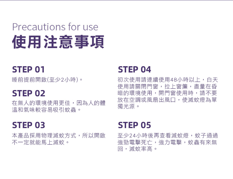 Precautions for use使用注意事項STEP 01睡前提前開啟(至少2小時)。STEP 02在無人的環境使用更佳,因為人的體溫和氣味較容易吸引蚊蟲。STEP 03本產品採用物理滅蚊方式,所以開啟不一定就能馬上滅蚊。STEP 04初次使用請連續使用48小時以上,白天使用請關閉門窗,拉上窗簾,盡量在昏暗的環境使用,開門窗使用時,請不要放在空調或風扇出風口,使滅蚊燈為單獨光源。STEP 05至少24小時後再查看滅蚊燈,蚊子通過強勁電擊死亡,強力電擊,蚊蟲有來無滅蚊率高。