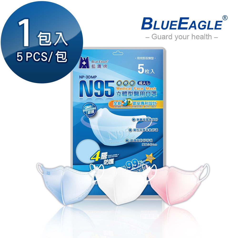【藍鷹牌】 N95立體型成人醫用口罩 5片/包 NP-3DMOP