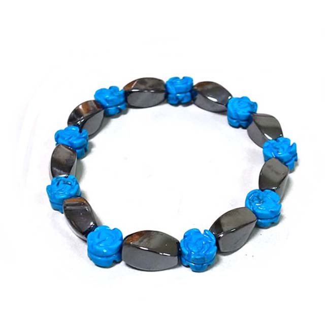 藍松石小玫瑰花與磁性黑胆石轉珠彈性手環