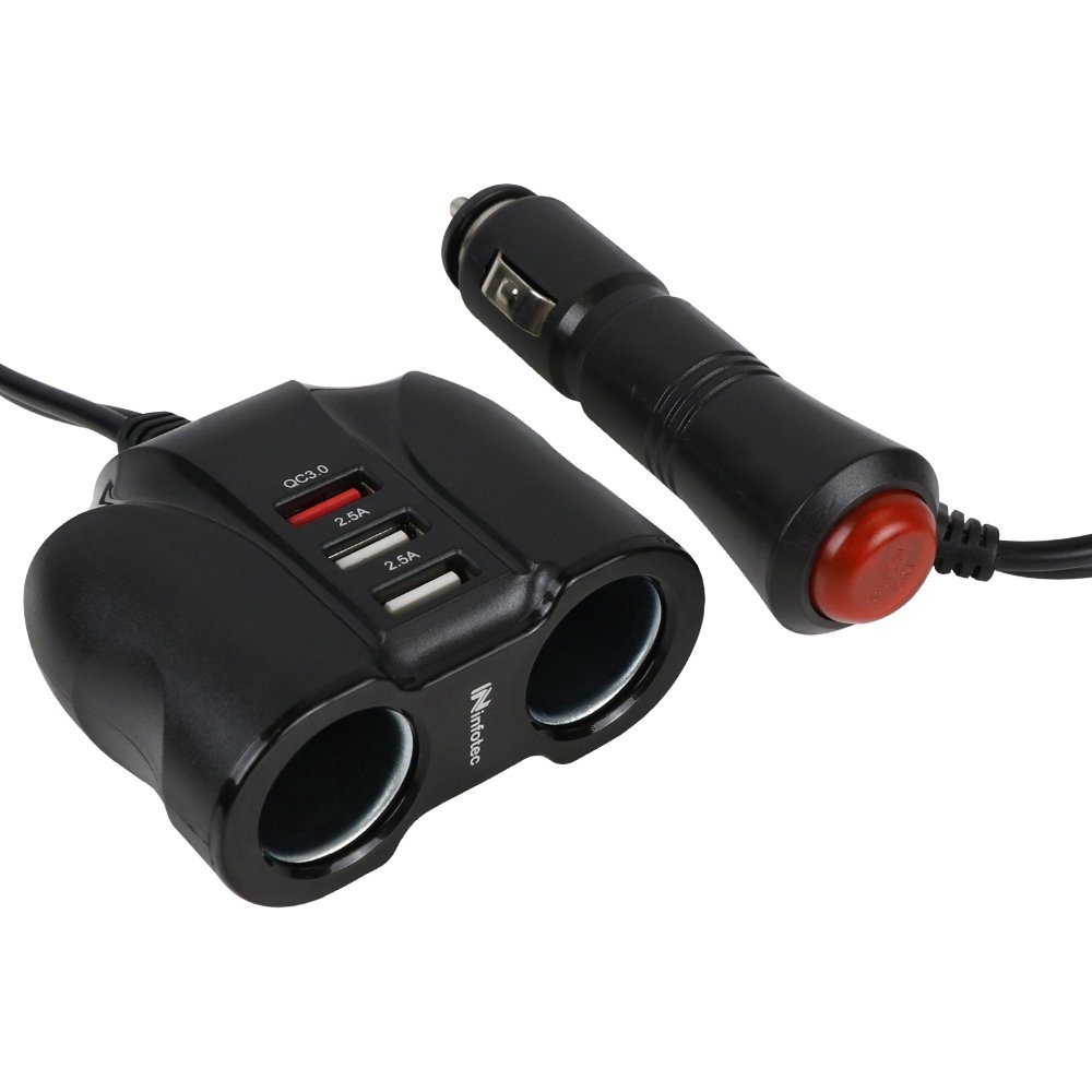 QC3.0車用帶線雙點菸孔擴充快充器 車用充電器 USB車充 車載充電器 點煙器車充