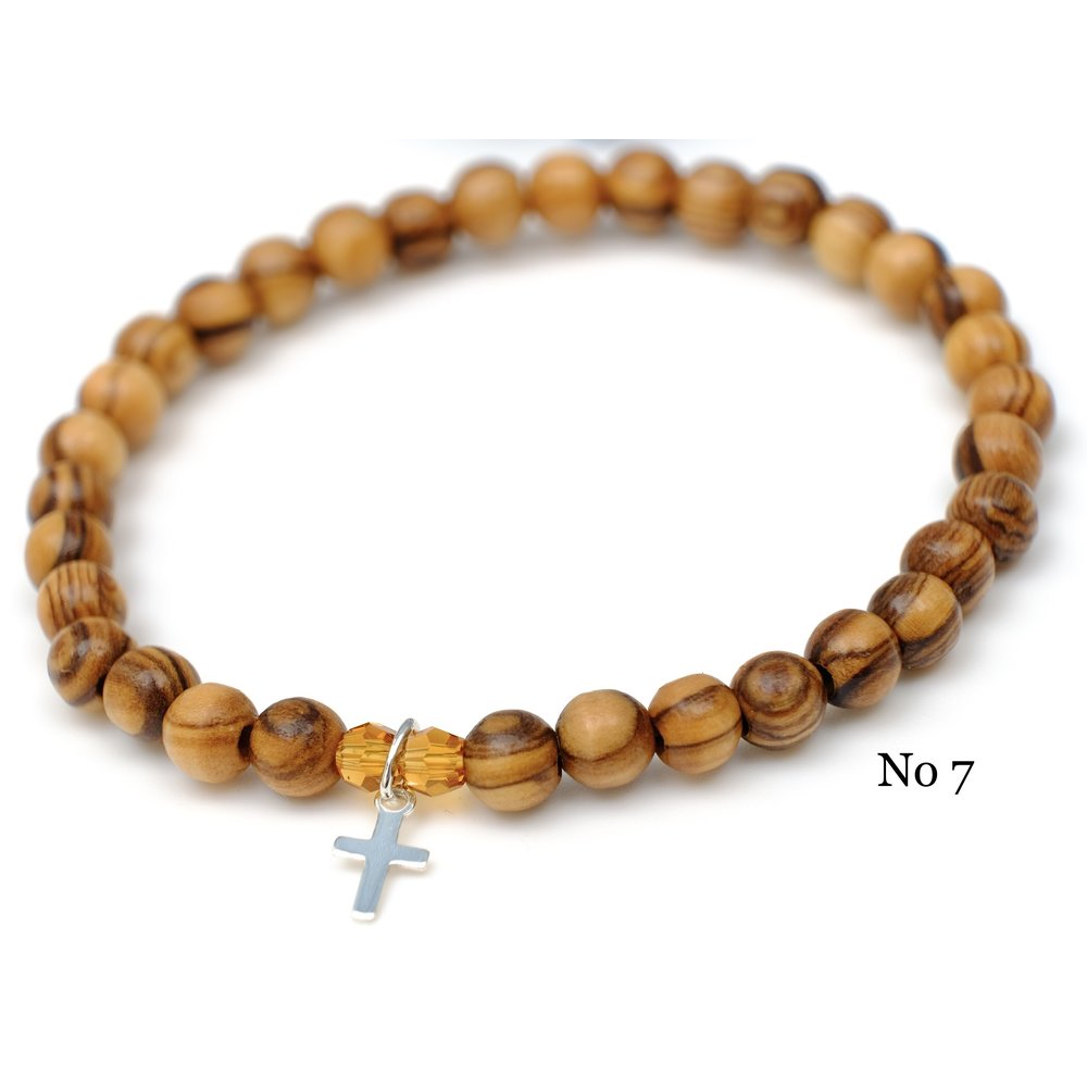 天主教飾品 以色列進口5mm橄欖木珠搭配施華洛世奇黃水晶925純銀十字架手環 8250043