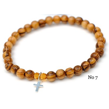 基督教禮品 以色列進口5mm橄欖木珠搭配施華洛世奇黃水晶925純銀十字架手環 8250043