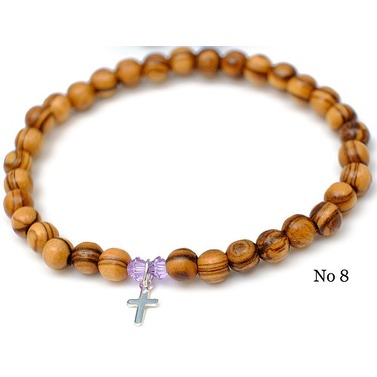 基督教禮品 以色列進口5mm橄欖木珠搭配施華洛世奇紫水晶925純銀十字架手環 8250044