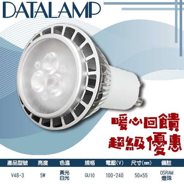 台灣現貨實體店面【阿倫燈具】(PV48-3)LED-5W GU10燈泡 全電壓 保固一年 鋁製品 光學透鏡