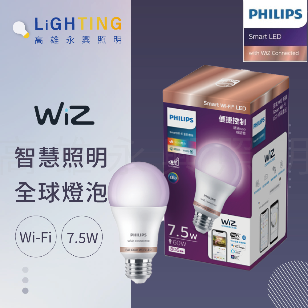 Philips 飛利浦 Wi-Fi WiZ 智慧照明 7.5W全彩燈泡(PW004)【高雄永興照明】
