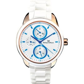 Max Max MAS7003S-8 時尚白陶藍三眼多功能陶瓷腕錶 /白面 37mm