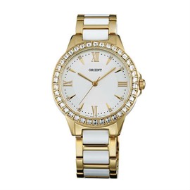 ORIENT 東方錶DRESS系列 FQC11002W 時尚晶鑽羅馬數字石英錶 陶瓷鋼帶款 金色 34mm