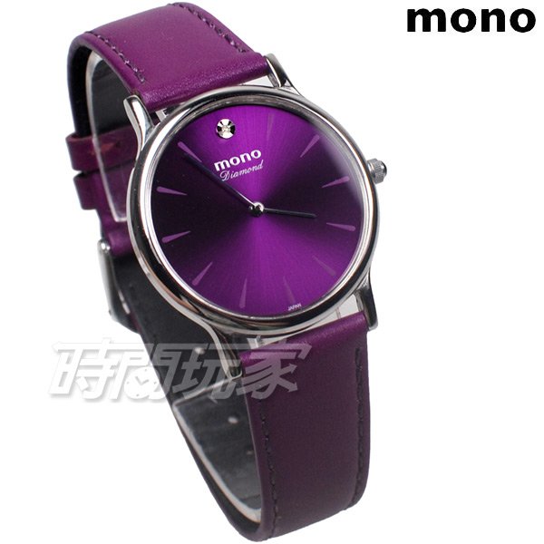 mono 南非真鑽 完美時尚腕錶 女錶 真皮錶帶 防水手錶 簡約面盤 紫色 5003D紫大