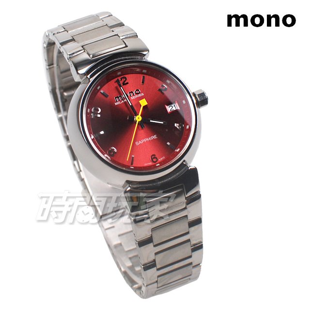 mono 時尚 傳奇 經典 碟形水晶錶面 女錶 防水手錶 日期視窗 不銹鋼 9295紅