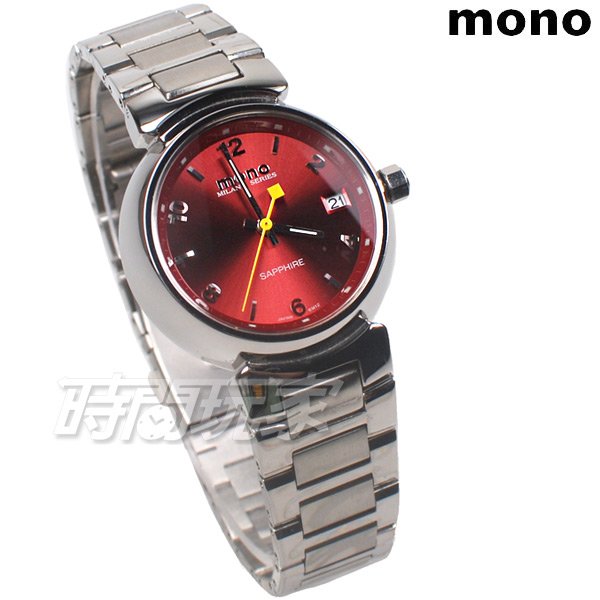 mono 時尚 傳奇 經典 碟形水晶錶面 女錶 防水手錶 日期視窗 不銹鋼 9295紅