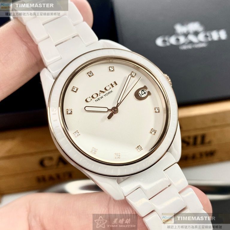 COACH手錶,編號CH00021,36mm白圓形陶瓷錶殼,白色簡約錶面,白陶瓷錶帶款,明星最愛!