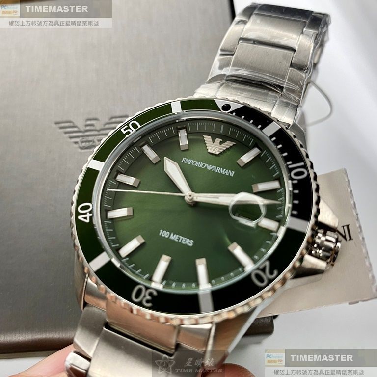 ARMANI手錶,編號AR00011,42mm銀綠色圓形精鋼錶殼,墨綠色潛水錶, 水鬼錶面,銀色精鋼錶帶款